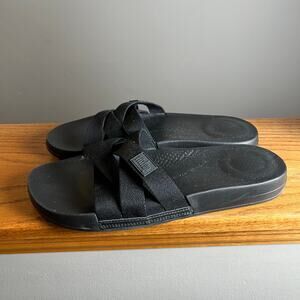 FITFLOP BLACK MIX iQUSHION MULTI STRAP SLIDES‎ SANDALS SHOES SIZE 10